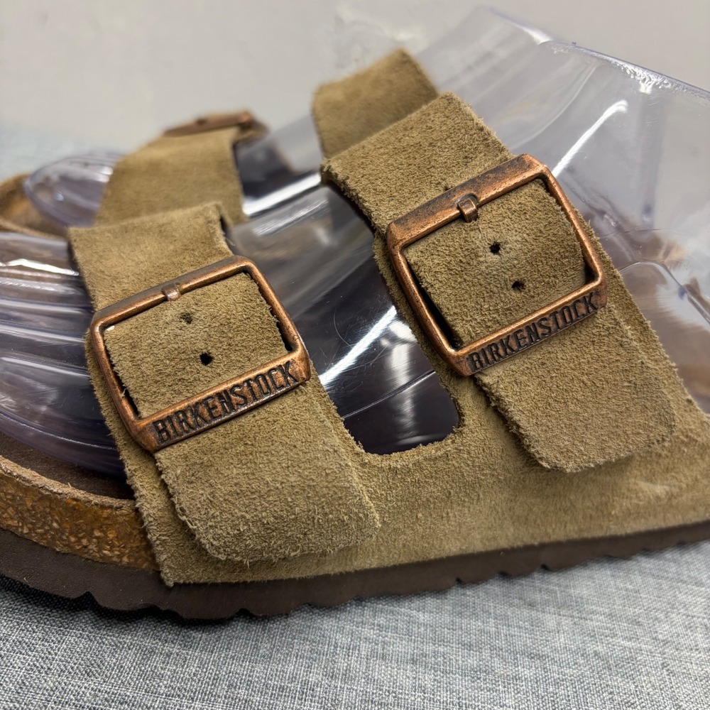 Birkenstock Arizona Sandals Women 7 Brown Suede Two Strap Cork Slide Footbed - Picture 2 of 11